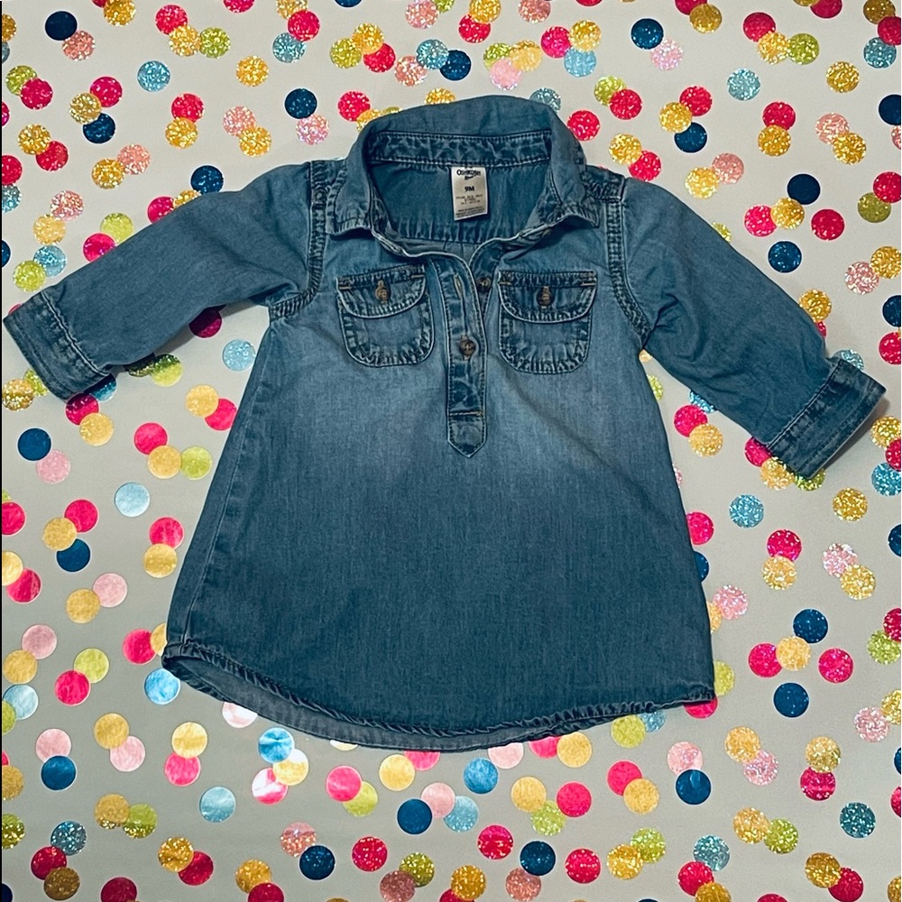 OshKosh baby girls blue jean dress, size nine months, long sleeve, light weight